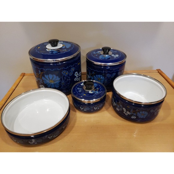 Vintage Marocchi Blue Floral Enamelware Enameled Pot Pan set With 2 Lids Italy